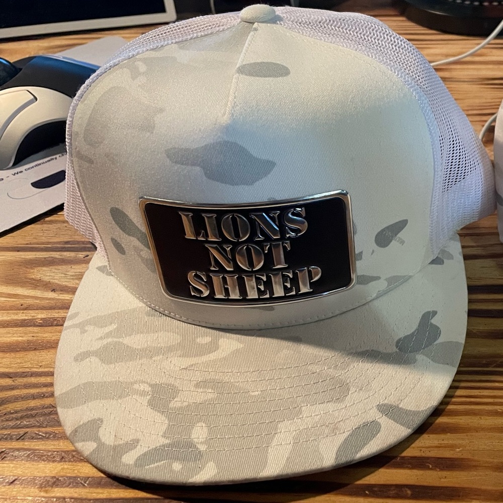 Lions Not Sheep White Camo trucker hat